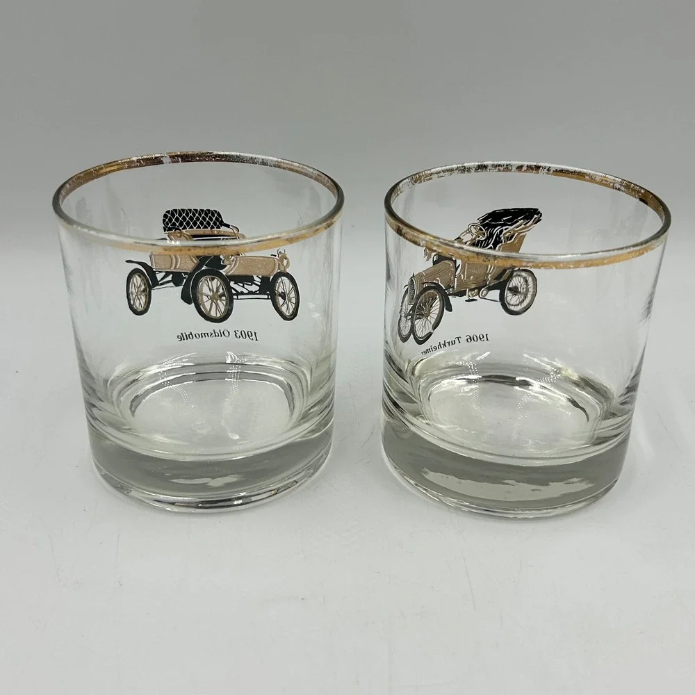 Rocks Glass Clear Vintage Antique Car Gold Rim Good